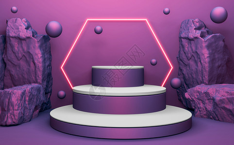 紫色霓虹灯字体用于产品展示的讲台几何位置上的紫色石块3D背景