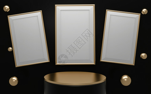 金色圆柱用于产品展示的黑抽象和讲台几何图3D背景
