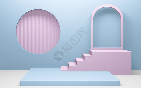 粉色几何门讲台几何位置上的粉色和青摘要3D背景