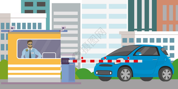 伤亡男警卫屏障和蓝色轿车背景城市矢量插画