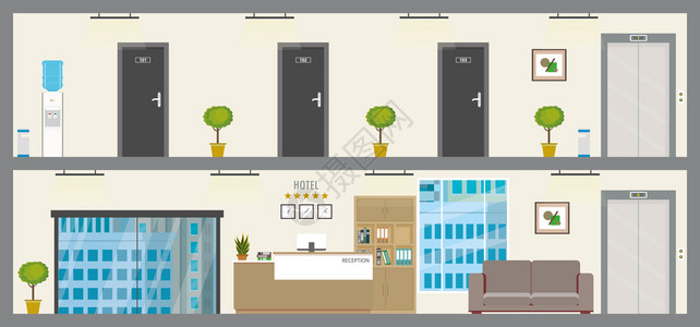 汽车电梯旅馆两层有接待台的底层楼矢量图插画