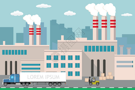 工业管工业厂城市背景观察用木箱运送长卡车和叉烟雾管插画