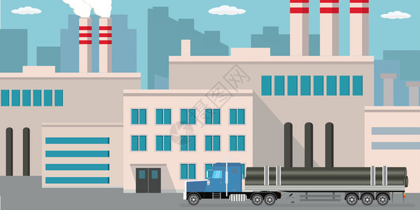 工业化的建筑装有金属管道的工业厂和长卡车插画