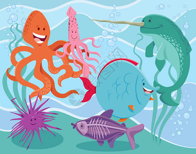 可爱的独角鱼有趣的海洋动物插画