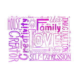 水色文字构成生活价值和创造力自我实现家庭想象力和独特用于在t衬衫上打印的紫色词语纸牌的书法引文家庭想象力和独特用于在t衬衫上打印背景图片