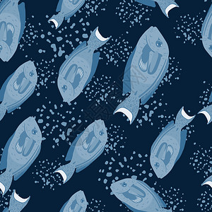 无缝随机图案包括蓝色鱼的浅色轮廓深蓝海军背景图片