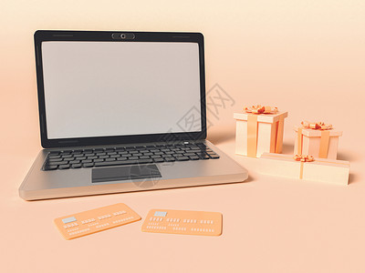 3d说明一台带有信用卡和礼品盒的笔记本电脑网上购物和电子商务概念图片