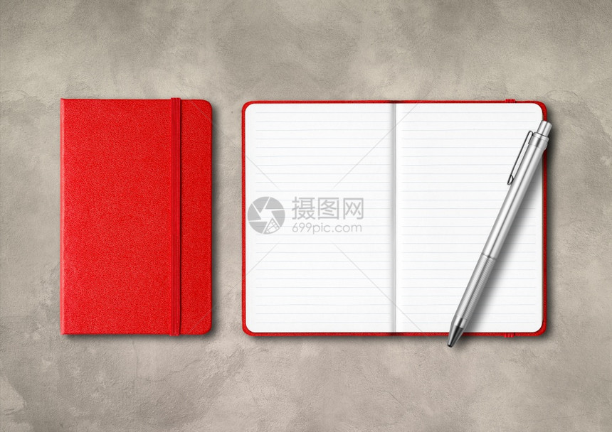 红闭和开线笔记本有钢混凝土背景上隔离的模型红闭和开线笔记本有混凝土背景上的笔图片