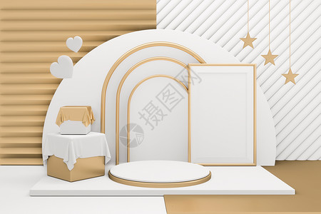 金色圆柱金讲台最小几何白色和金风格的抽象3d背景