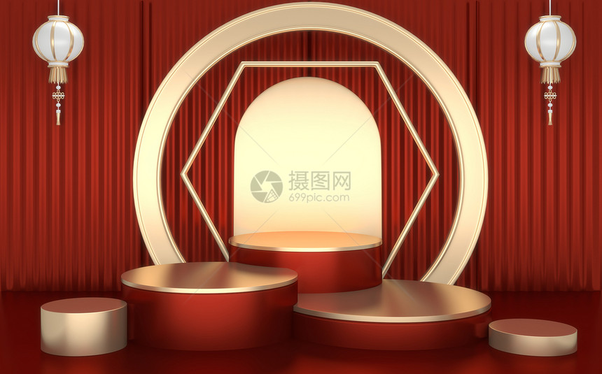 红色的日本讲台显示化妆品几何式的日本雅潘风格3d图片