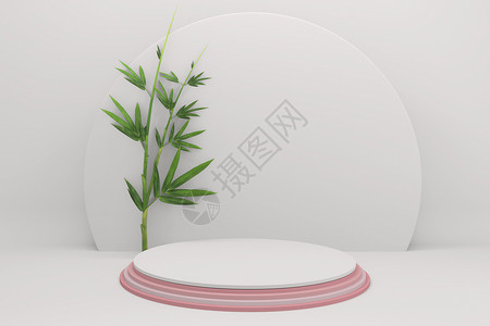 热带粉红色设计讲台最低几何和竹子日本装饰3d图片