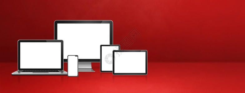 计算机膝上型移动电话和数字平板脑移动话和数字平板脑红色办公台横幅3d插图计算机移动电话和数字平板脑Pc红色横幅背景图片