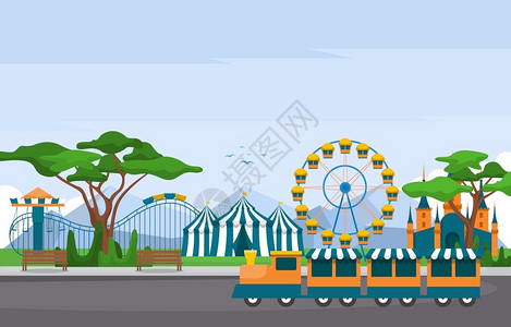 公园火车马戏团游乐园节日插图插画