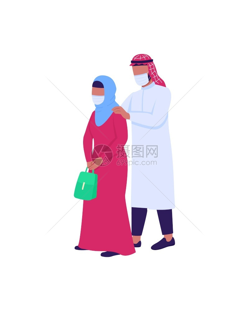戴着口罩的阿拉伯夫妻卡通矢量插画图片