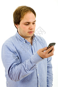 年轻人在电话上闲男孤立在白线上背景图片