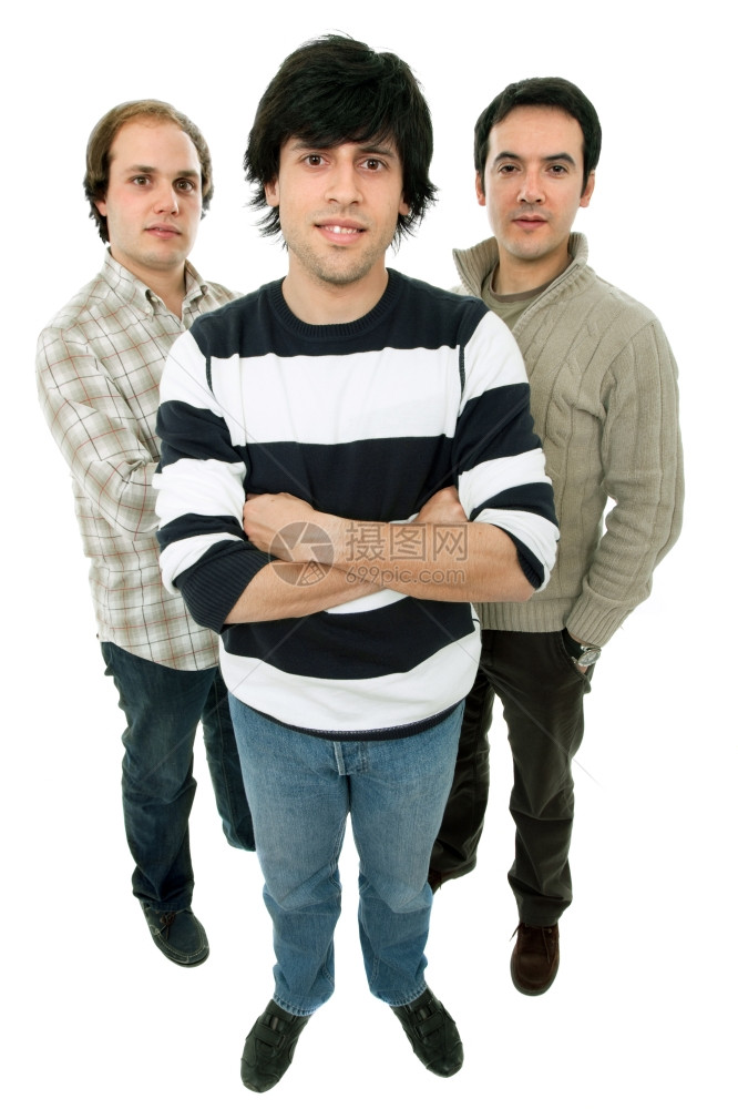3个年轻的临时青男子全身孤立在白色图片