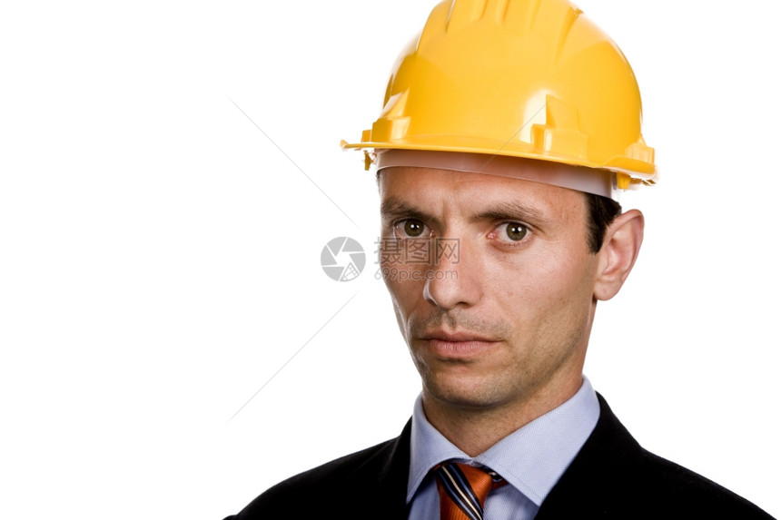 一名黄帽子工程师孤立在白色上图片