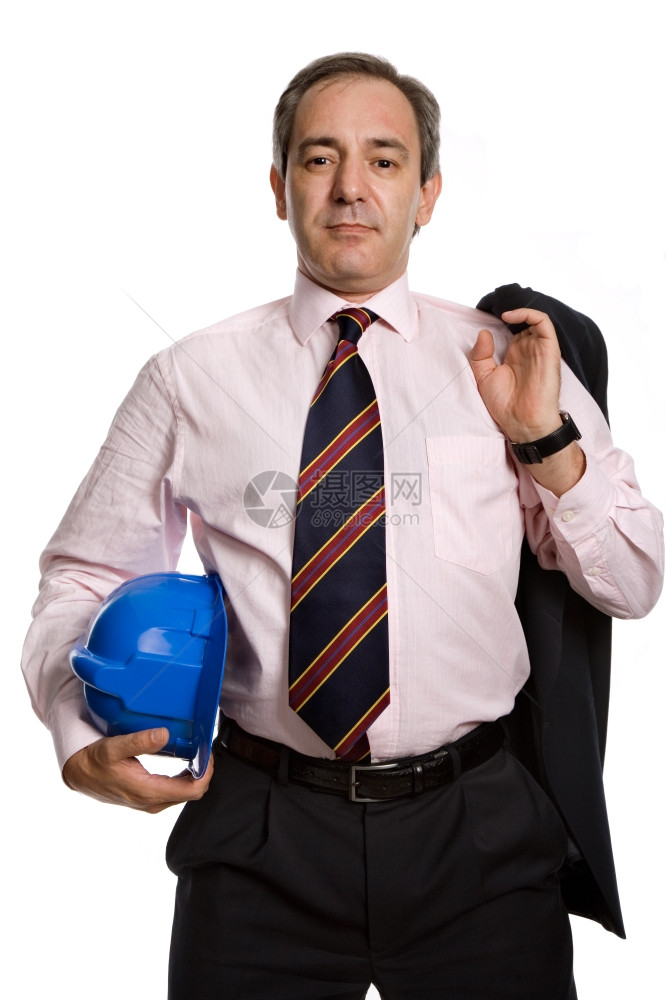 一个蓝色硬帽工程师孤立在白色上图片
