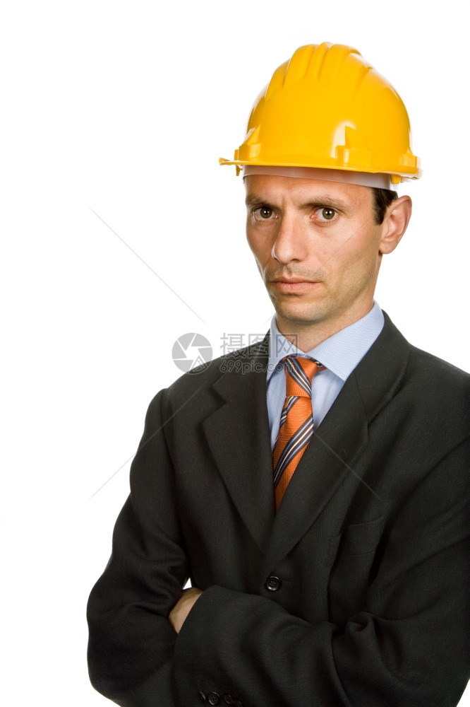 一名黄帽子工程师孤立在白色上图片