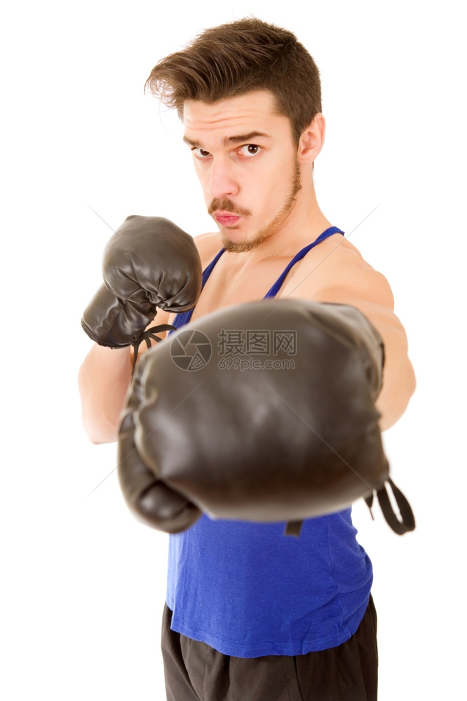 男人用黑色拳击手套打人孤立在白色背景上图片