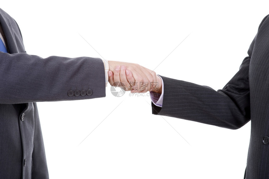 两名商人握手孤立在白人身上图片