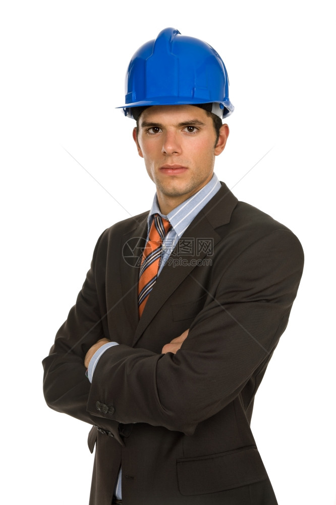 一个蓝色硬帽工程师孤立在白色上图片