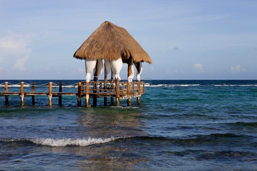 在墨西哥Yucatn半岛的criben海的木头码图片