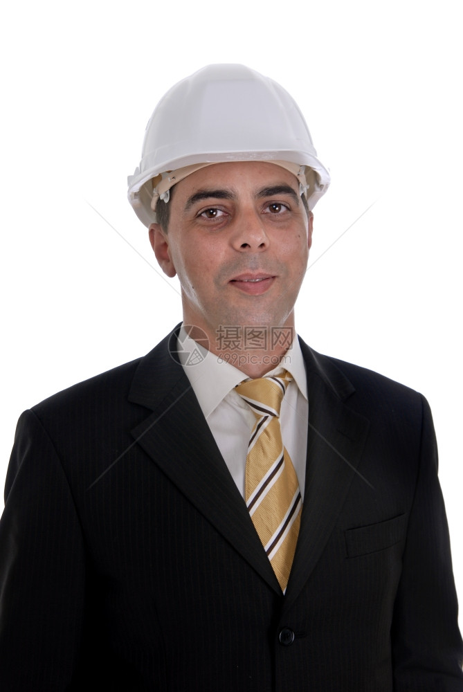 白色的工程师帽子孤立在色上图片