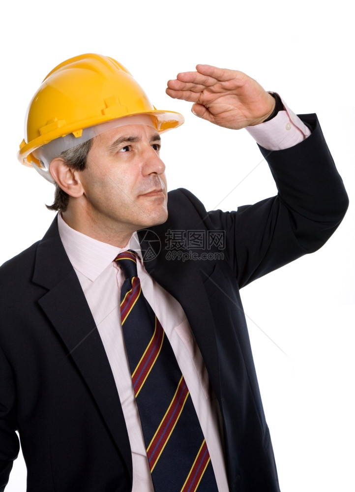 一名有黄色硬头巾的工程师在白色上被孤立图片