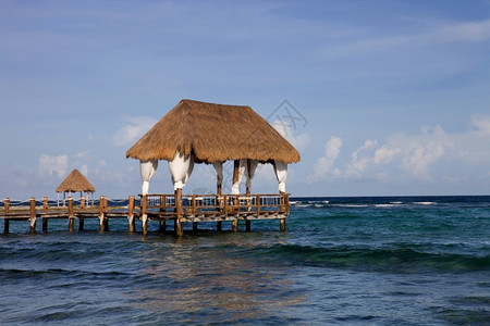 在墨西哥Yucatn半岛的criben海的木头码图片