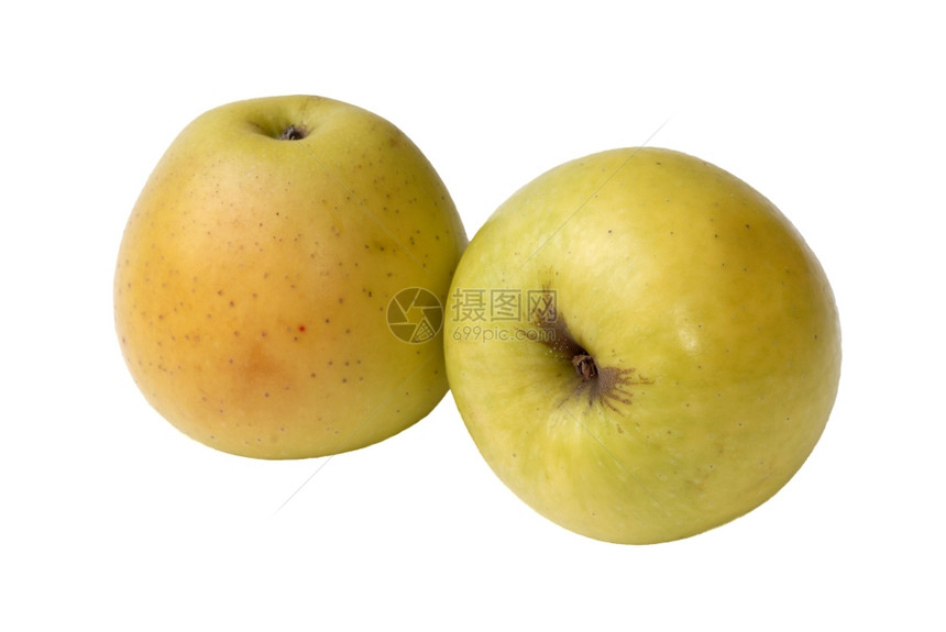 两个黄色苹果以白背景孤立在中图片