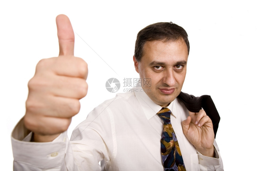 经营生意的人抬起大拇指孤立在白色上图片