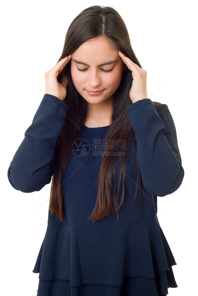 身头痛的年轻妇女孤立于白种背景图片