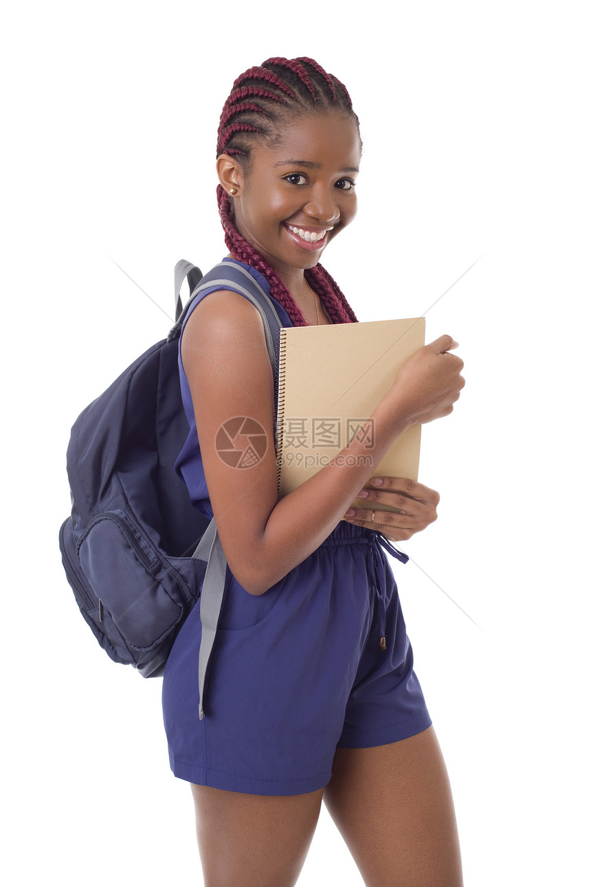 年轻快乐的非洲女学生孤立在白色背景上图片