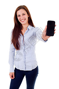 商业女人将你的产品展示在最后一代智能手机上孤立的图片