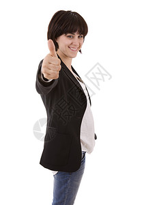 快乐的女商人拿着大拇指孤立在白色背景上图片