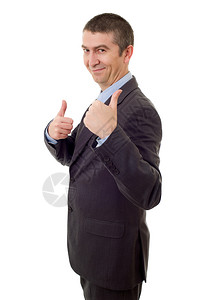 快乐的生意人向上大拇指孤立在白色上图片