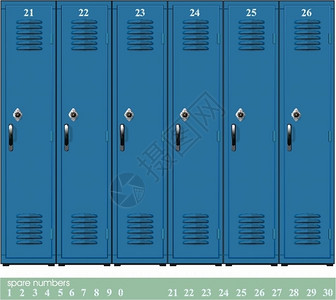组合储物柜蓝色学校空置物柜配有组合锁和备用编号插画