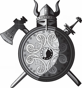 十字军东征头盔斧和维京人盾插画