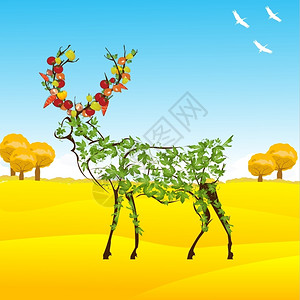秋季概念图以一头双角之间有树叶和蔬菜的Styliz化鹿图片