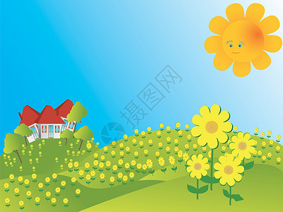 黄色卡通太阳向日葵田有Stylise的房子和微笑太阳背景