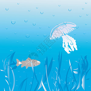 卡通水母鱼和水母在下背景