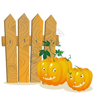 木剪贴画两个笑着的南瓜在木栅栏上白色背景的时装卡通元素背景