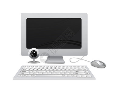 用键盘鼠标和网络摄像头在白色背景上隔离的计算机图片