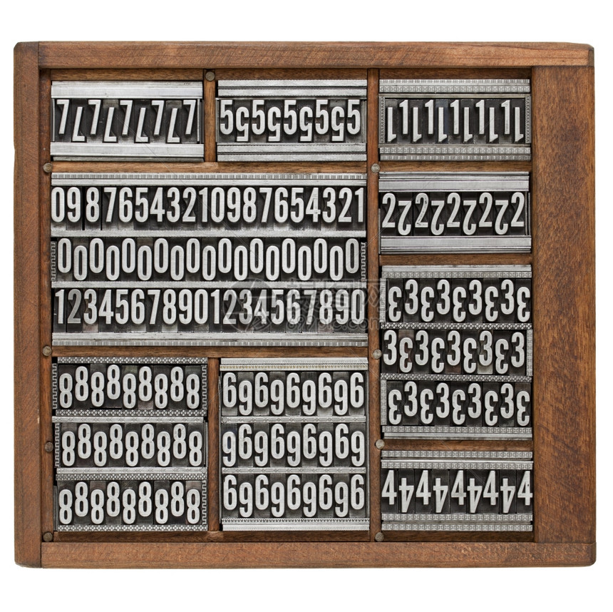 数字和装饰品以白色隔开的木改排打字箱中的旧金属打印块图片