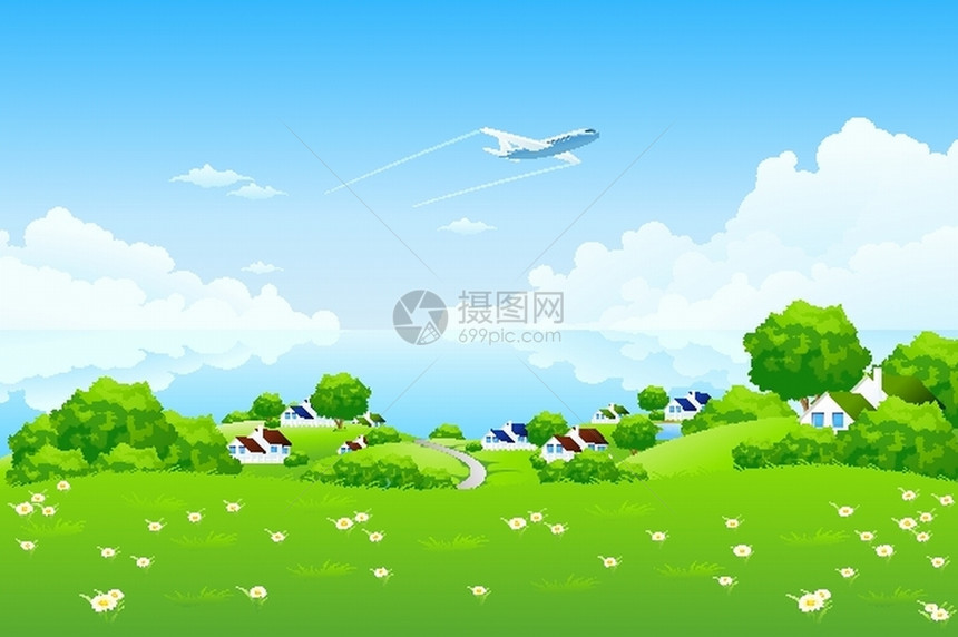 带飞机的绿色景观图片