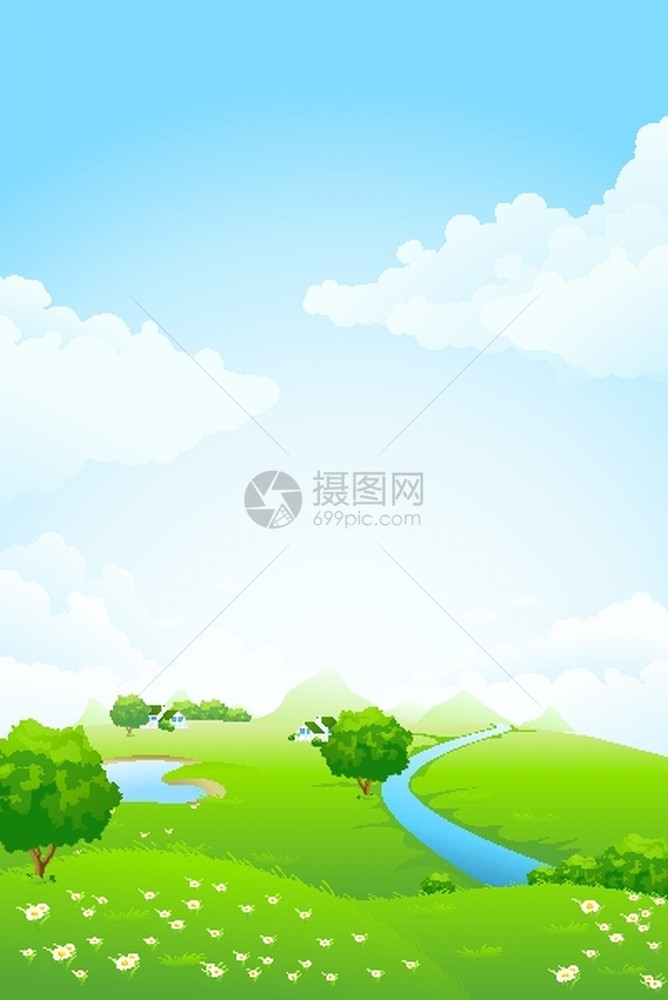 卡通绿色小清新乡村景观插画图片