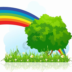 与彩虹隔绝的绿树背景图片