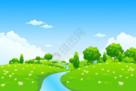 河草绿色景观有河流树木和鲜花插画