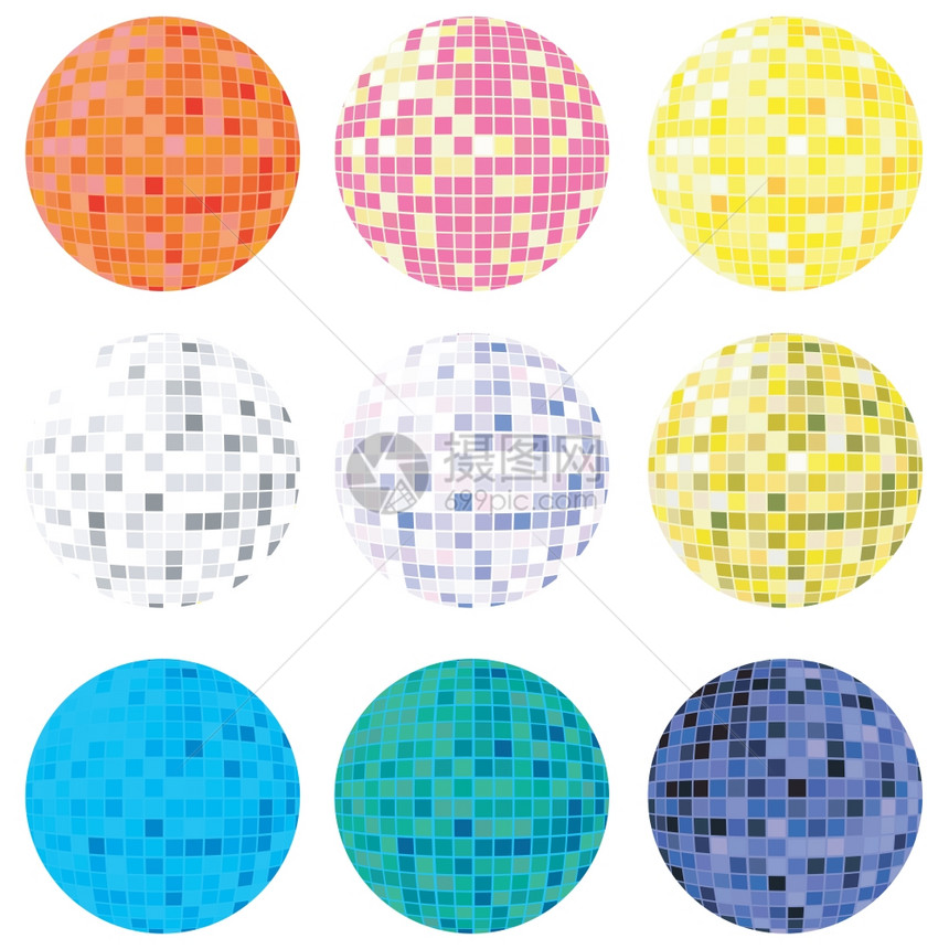收集多种颜色的迪斯科球用于个化设计白色背景的孤立矢量物体图片